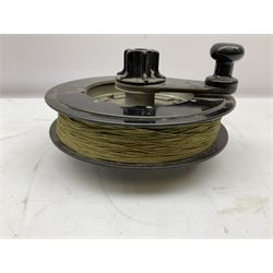 Large 19th century fishing reel, 500 yards, the crank handle marked USB, D22cm