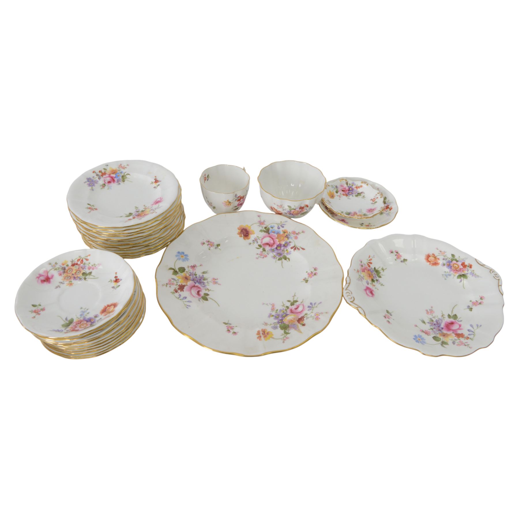 Royal Crown Derby Derby Posies tea service for ten, comprising teacups and saucers, dessert plates, two milk jugs, open sucrier cake plate and sandwich plate 
