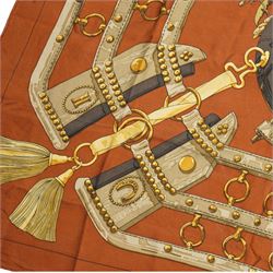 Hermes 'Aux Champs' silk scarf, in ochre and gold colourway, designed by Cathy Latham, 84cm x 86cm 