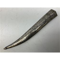 Indian Khanjar dagger with 28cm curving damascus steel blade inlaid with silver floral emblem, white metal and niello style grip in the form of a bird's head with pronounced beak and matching scabbard L44cm overall