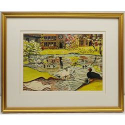 Doris Ada Riley (Northern British 1901-1993): Playtime on the Pond at East Riddlesden Hall, gouache signed 25cm x 36cm