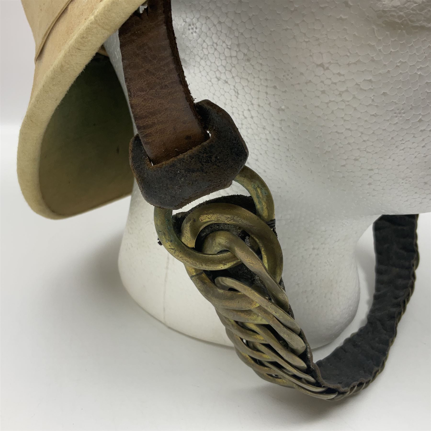 Victorian British tropical pith helmet with brass chain link chin strap
