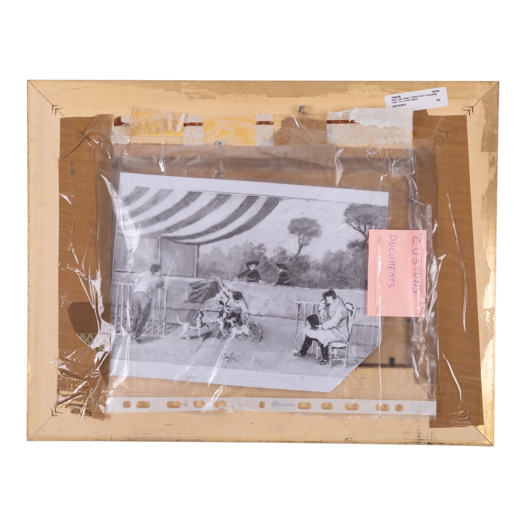 Nino Caffe (Italian 1908/9-1975): Performing Dogs, oil on panel signed, 17cm x 26.5cm
Provenance: authenticated in the Nino Caffe archive dated 1964, copy attached