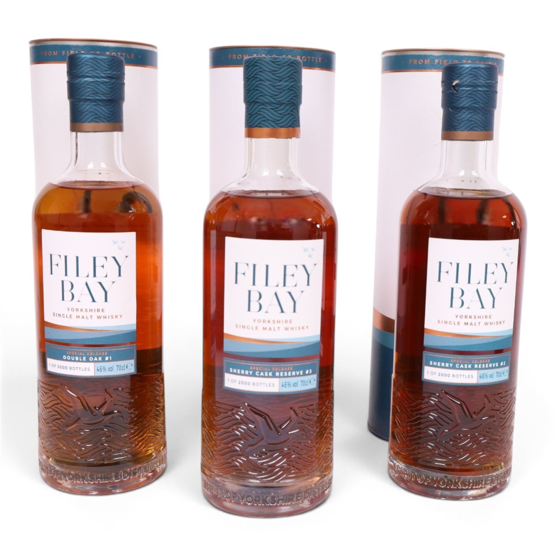 Sprit of Yorkshire Distillery, Filey Bay Sherry Cask Reserve #2  single malt whisky, 70cl 46% vol, Sherry Cask Reserve #3  single malt whisky, 70cl 46% vol and Filey Bay Double Oak #1  single malt whisky, 70cl 46% vol