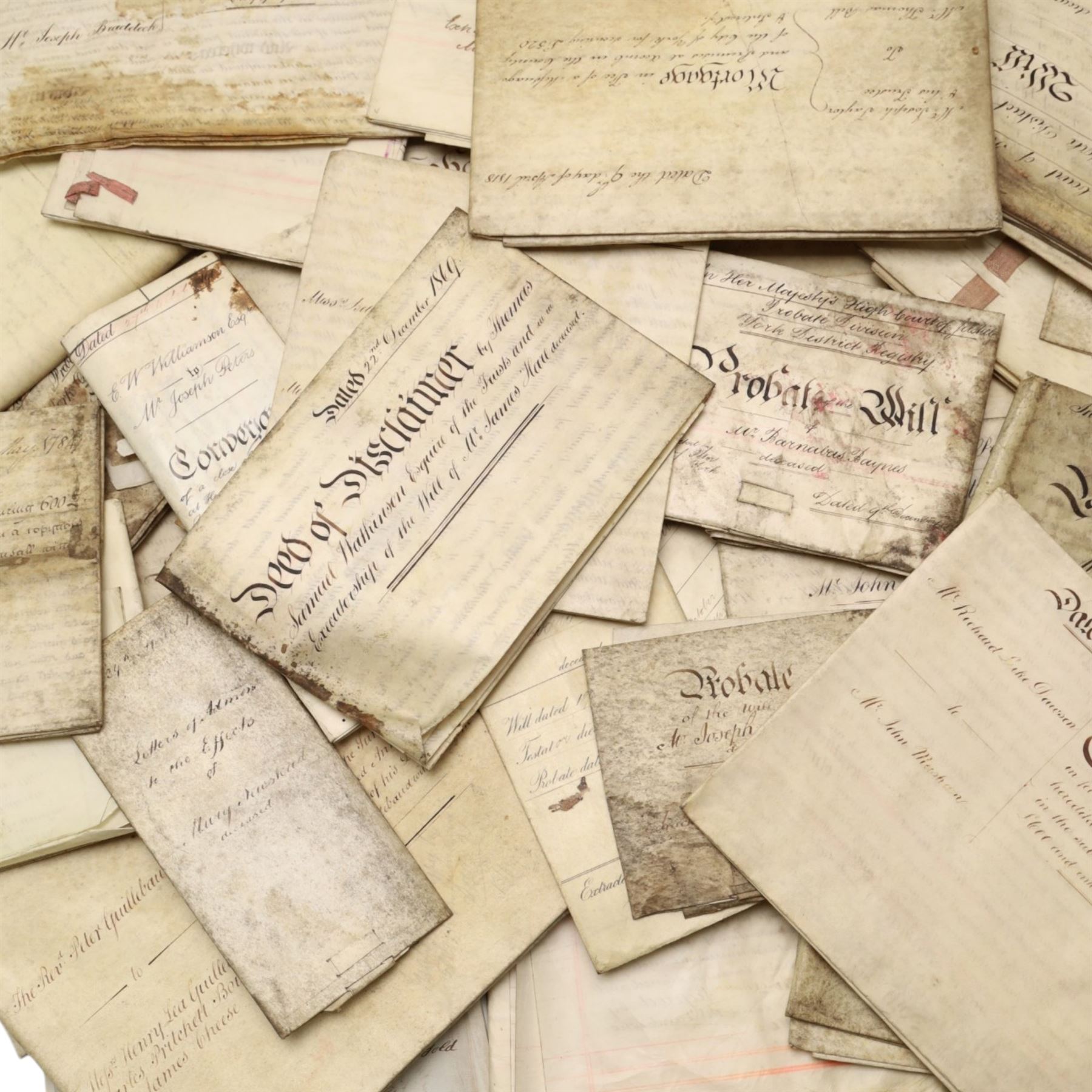 York suburbs interest - extensive collection of 18th century and later vellum indentures, wills, probate documents and property papers charting property ownership and local families in Acomb, Huntington, Earswick, Bishopthorpe, The Mount, Heworth, Heslington and other York suburbs and villages, including documents relating to tradespeople, innkeepers, farmers and householders, many retaining original wax seals, revenue stamps and probate seals, in one box