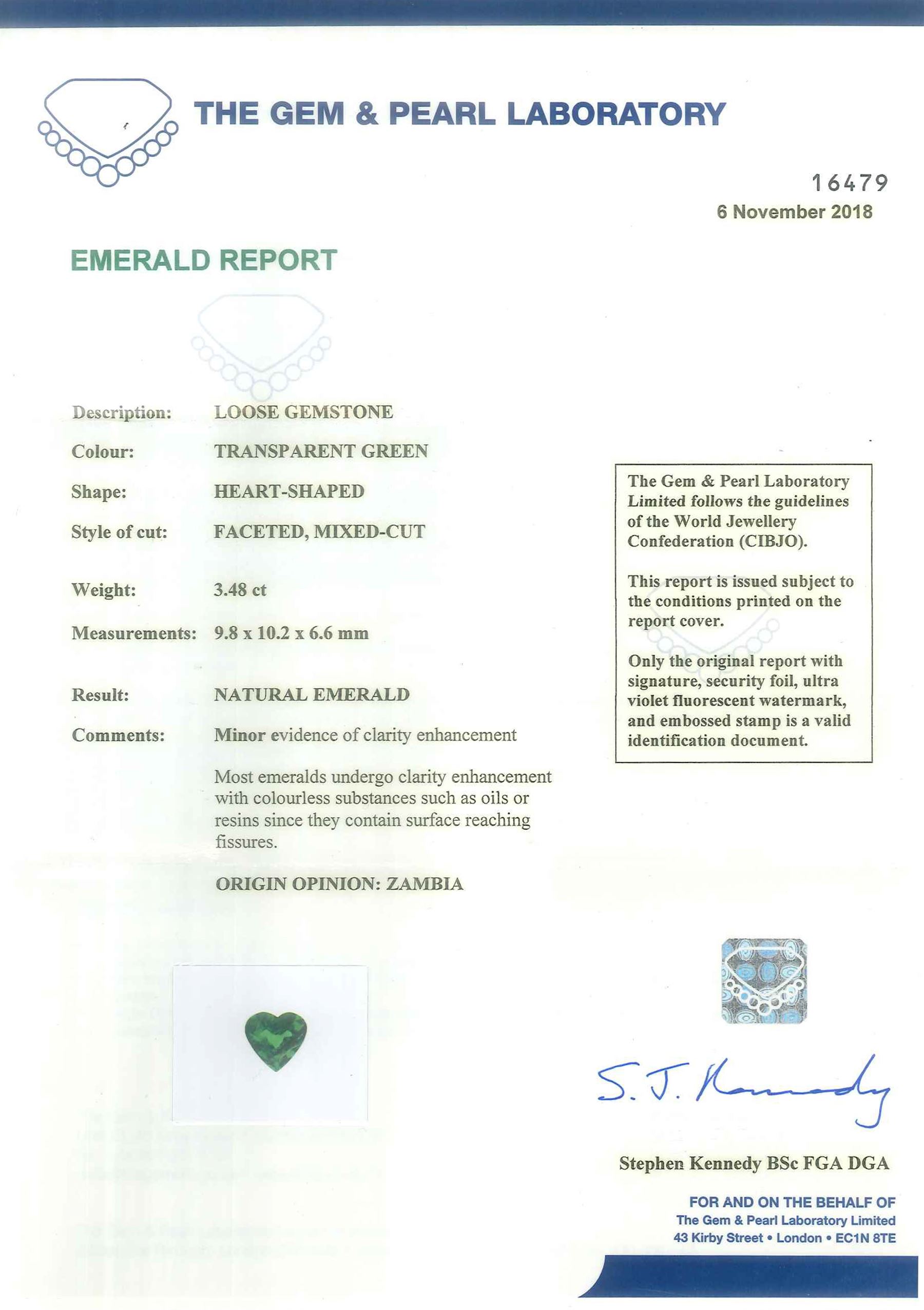 18ct and platinum emerald and diamond pendant necklace, the single heart cut emerald of 3.48 carat, the bail set with two old cut diamonds, London 2019, on an 18ct gold trace link chain necklace, with Alan Poultney Gems report, the emerald with The Gem & Pearl Laboratory report