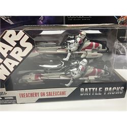 Star Wars - The Force Awakens First Order Special Forces TIE Fighter; The Black Series Centrepiece of Luke Skywalker; Revenge of the Sith Battle Pack Treachery on Saleucami; Titanium Series Die-Cast Clone Trooper; and two other pairs of figures; all boxed (6)