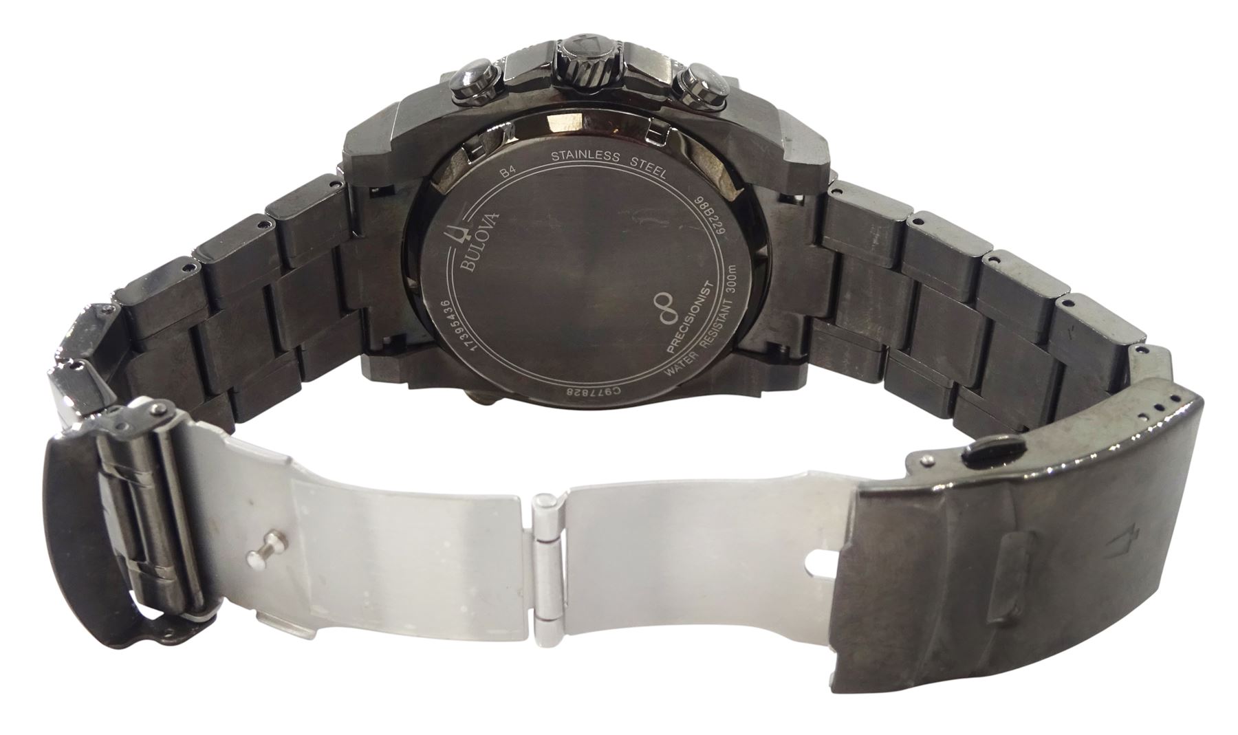 Bulova Precisionist 300 meters gentleman's stainless steel chronograph quartz wristwatch, Ref. 98B229, on original stainless steel strap with fold-over clasp