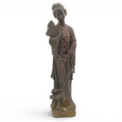 Set of four Chinese style composition figures, depicting robed attendants and elders, including examples with fan and fish, raised on moulded bases, tallest 98cm