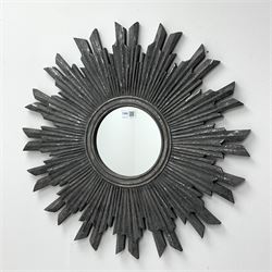 Silvered metallic and paint finish sun burst mirror, D60cm