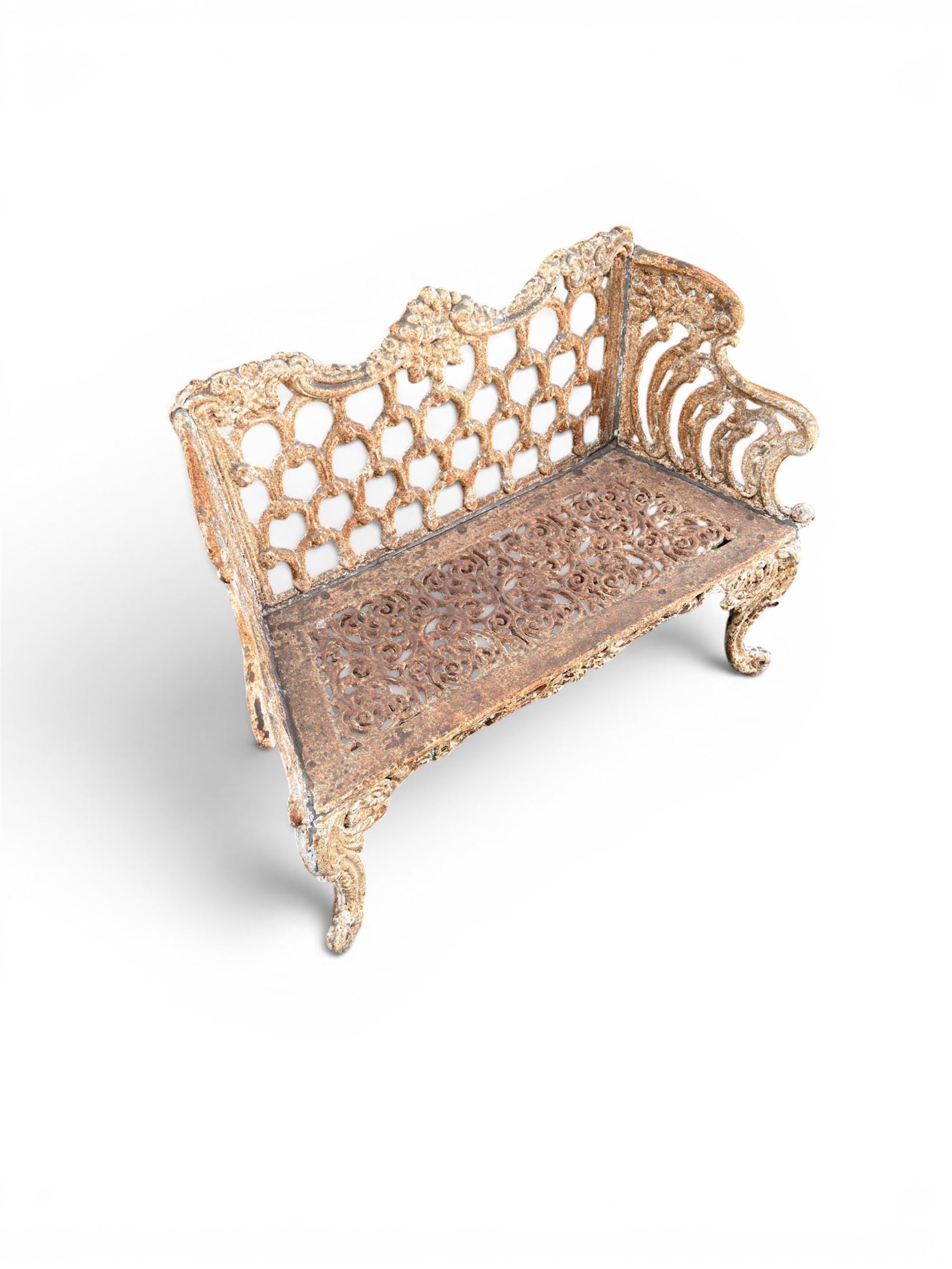 Victorian revival Carron Foundry design heavy cast iron two seat garden bench, scrolled arms with pierced lattice seat, finished in antique white paint