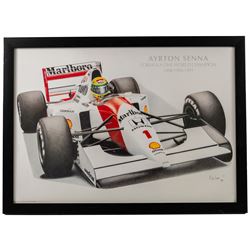 Four Formula 1 racing prints by Nik Curry, all within black frames, largest H38cm, W58cm
