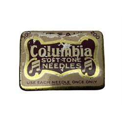 Early 20th century oak cased gramophone, the motor marked 'Garrard No.20 REF No.1030', with ribbed oak horn, base 30cm square; with one 78rpm record and Columbia tin of needles