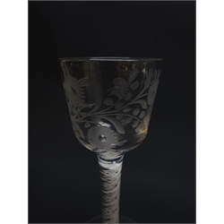  Georgian wine glass, semi-wrythen fluted ogee bowl above a opaque twist stem, H14cm and another with ogee shaped bowl engraved with trailing foliage and insect on opaque twist stem and folded slightly domed foot, H15cm (2)  