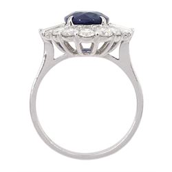 18ct white old oval sapphire, round brilliant cut and baguette cut diamond cluster ring, stamped 750, sapphire 2.93 carat, total diamond weight 1.07 carat, with World Gemological Institute Report