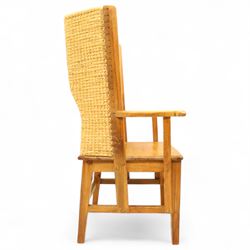 Pair of 20th century full-size pine Orkney chairs, high-back armchairs of traditional design, pegged and wedged construction, wrap-around backrest and sides, above scrolled out-swept arms and solid rounded pine seat, raised on square tapering legs united by stretchers, hand-signed ‘Jackie Miller’ and stamped ‘Orkney’
