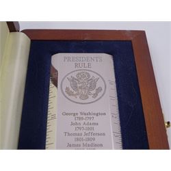 Modern silver 'Presidents Rule' ruler, by Richard Jarvis of Pall Mall, engraved with the names and dates of American Presidents from 1789 to 2001,  hallmarked Richard Jarvis, London 2004, L33.5cm, within silk and velvet lined fitted case
