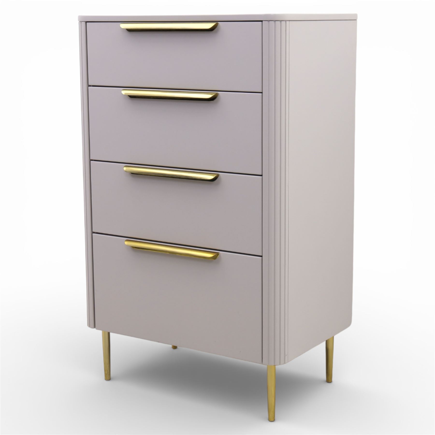 Made.com - 'Ebro' grey four drawer chest, gold painted metal shaped handles, rounded corners with fluted detail, raised on gold painted metal tapered supports