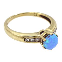 9ct gold single stone opal ring with cubic zirconia set shoulders, stamped 9K