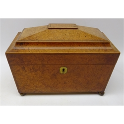  George III burr elm sarcophagus tea caddy, brass escutcheon & feet, two moulded handles and lift out canisters with cross banded lids, L31cm x H23cm   