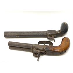 Mid-19th century percussion cap side-by-side double barrel pocket pistol with 7.5cm octagonal barrels and walnut bag stock L21.5cm; and Belgian 16-bore percussion cap pocket pistol with 16cm octagonal barrel, folding trigger and black painted wooden stock L27.5cm (2)