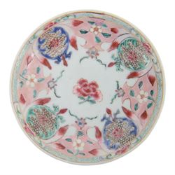 Amsterdam bont teapot, decorated with a basket of flowers, together with two Amsterdam bont saucers of similar design and five other saucers  