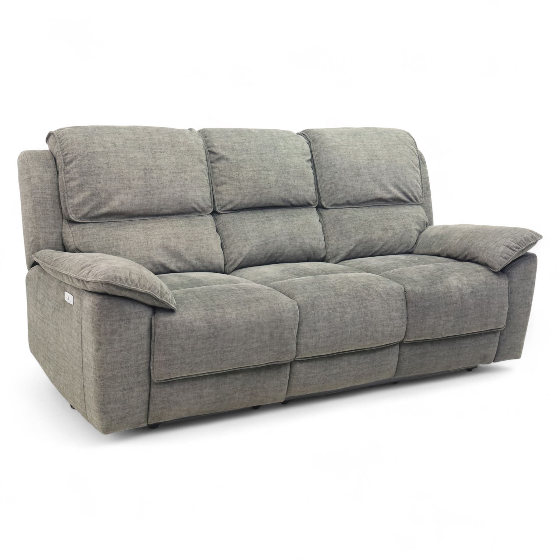 Oak Furnitureland - charcoal fabric electric recliner suite, comprising three-seat sofa and two matching armchairs, each with power reclining mechanism and integrated USB-A charging socket, upholstered in soft charcoal grey fabric with pillow arms and split back cushions

Armchairs W 100, D 82, H 104cm
Sofa W 230cm, D 82cm, H 104cm