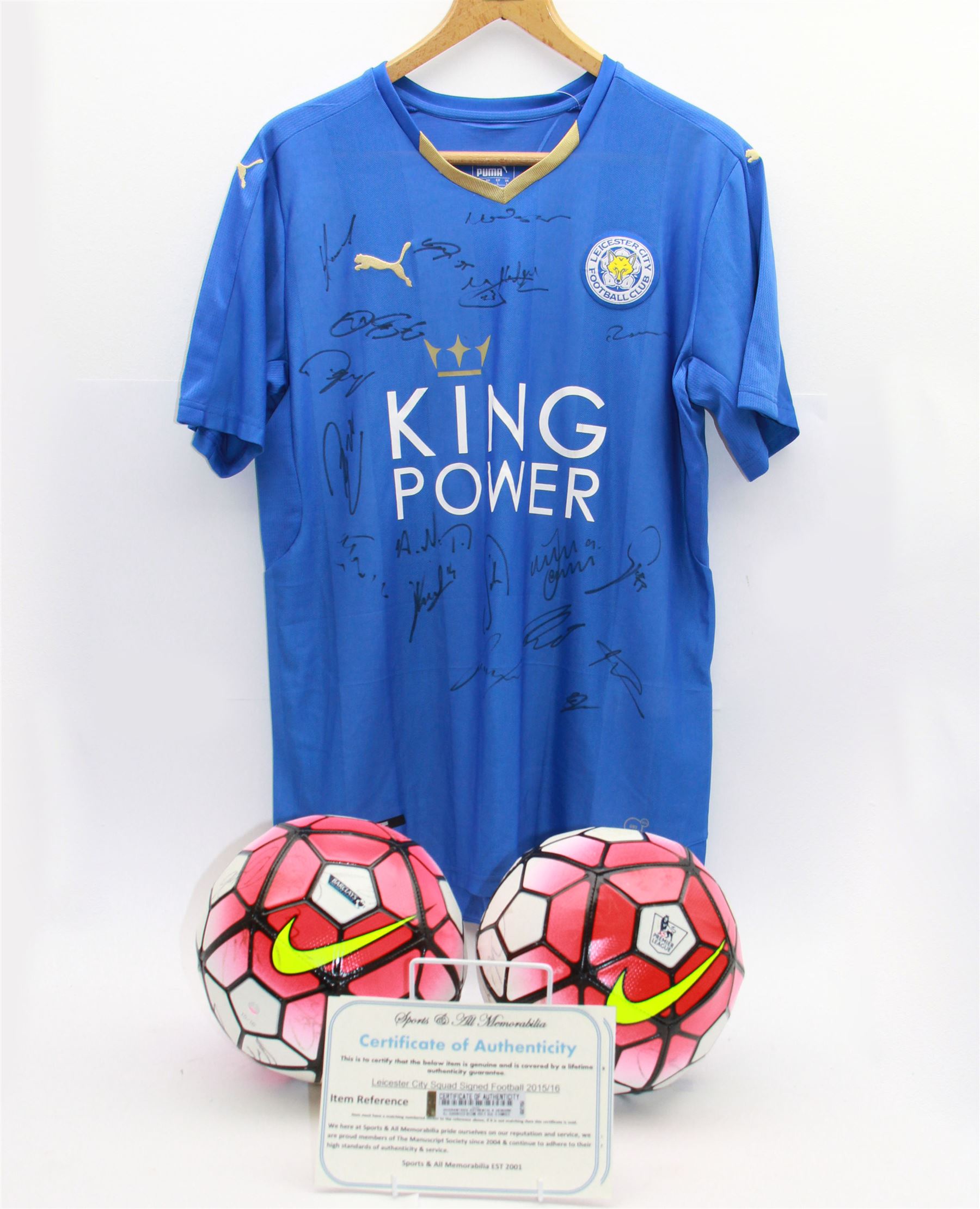 Leicester City signed 2015/16 season shirt, and two signed footballs
