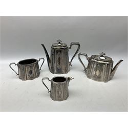 Victorian Walker & Hall four piece silver plated tea service with engraved floral decoration, comprising tea pot, hot water pot, twin handled sucrier and milk jug, pattern no. 1627, all with impressed marks beneath