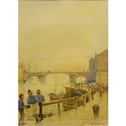  Whitby Harbour looking towards the Bridge, 19th/early 20th century watercolour signed S. Inchbold, 30cm x 22cm and 'Staithes', 20th century watercolour indistinctly signed George Lax? and dated 1990, 25cm x 35cm (2)  
