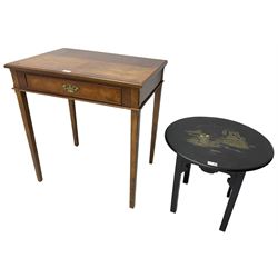 Early 20th century Chinoiserie design ebonised occasional table, circular top painted with figures and traditional pagoda scene, on square supports; Georgian design elm side table fitted with single drawer (2)