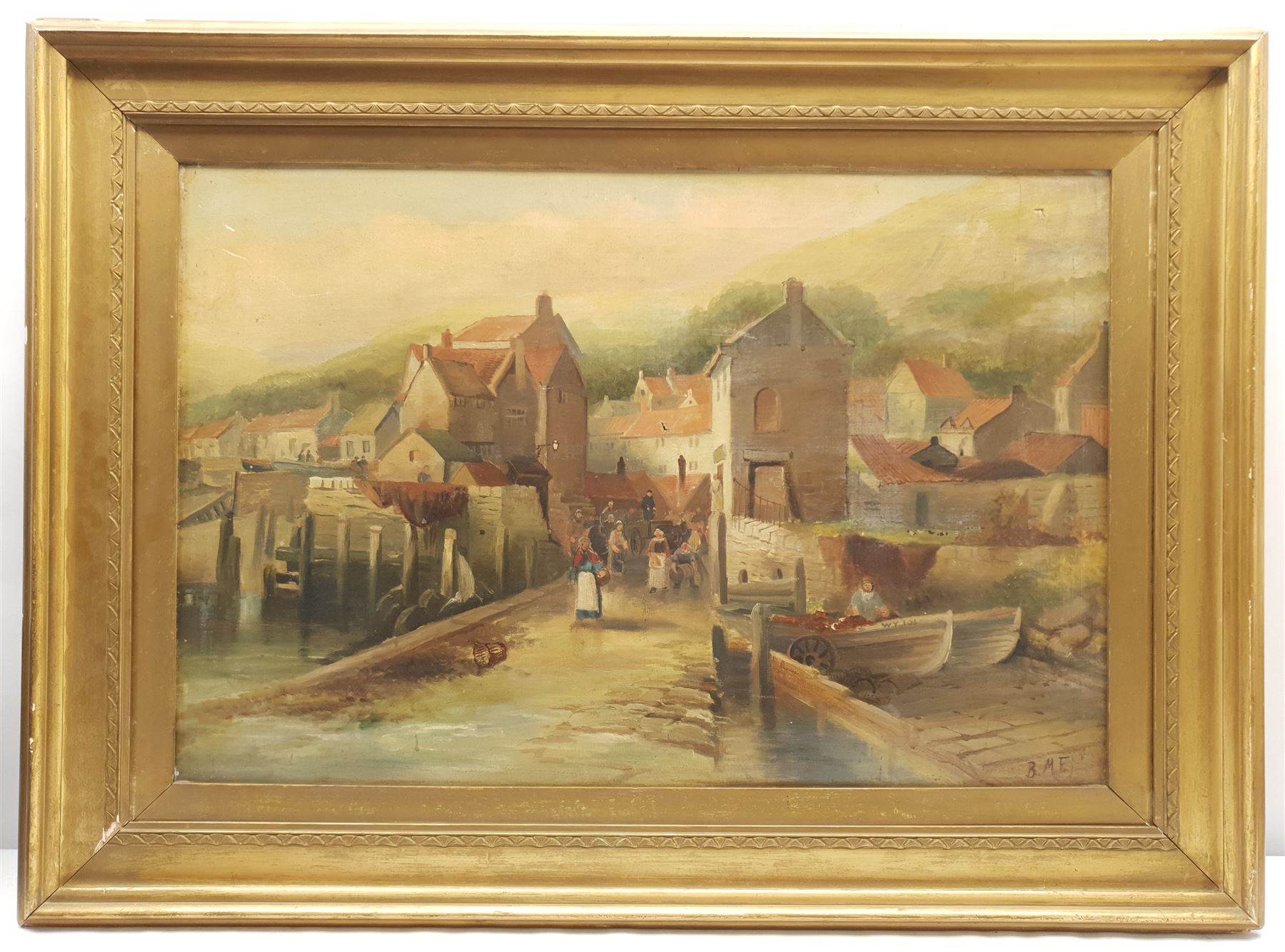 BME (British 19th century): Unloading on the Slipway Robin Hood's Bay, oil on canvas signed with initials 50cm x 75cm