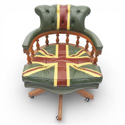 Late 20th century captain’s swivel desk chair, button upholstered back and seat in green leather with Union Jack motif panels, brass stud edging, curved padded arms with turned spindle supports, revolving and height adjustable action, on a five branch wooden base with castors