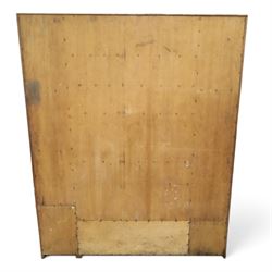 Arts & Crafts oak housekeeper’s cupboard, stepped moulded cornice over twin leaded glazed doors enclosing shelved interior, flanked by narrow panelled cupboards, open recess below over two drawers and twin panelled cupboard doors, with rectangular handles