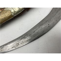 Saudi Arabian khanjar dagger with 29.5cm curving double edged  steel blade; white metal and copper mounted horn grip; in white metal mounted brass and leather scabbard incorporating embroidered leather wearing strap