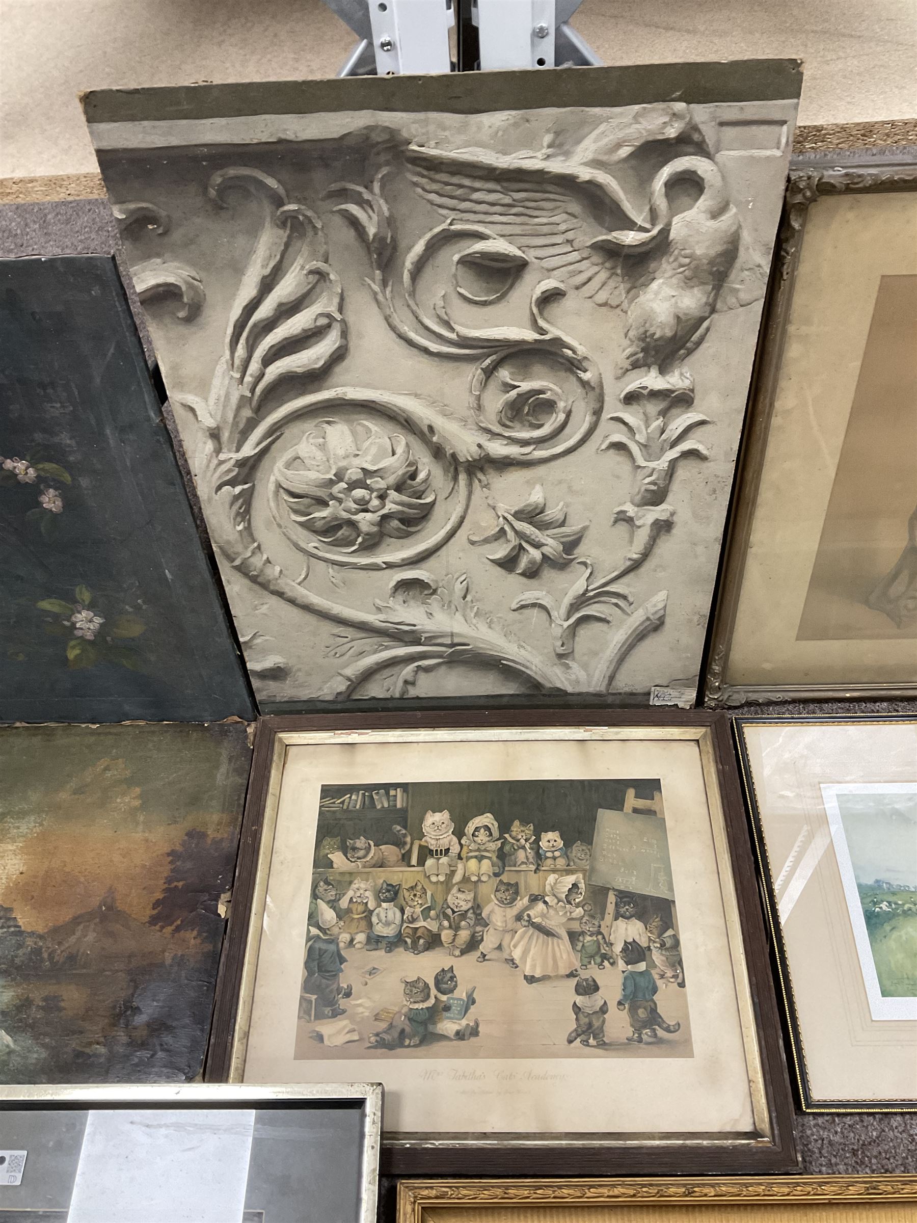 Collection of pictures to include John Carter (Northern British 1931-2007): 'Swaledale Farm - Winter', charcoal drawing; After Louis Wain (British 1860-1939): Mrs Tabitha's Cats' Academy', coloured print and J D Walker (British late 19th century): Carved Stone Detail of a Church, oil on board, variously signed titled and framed max 75cm x 56cm (8)