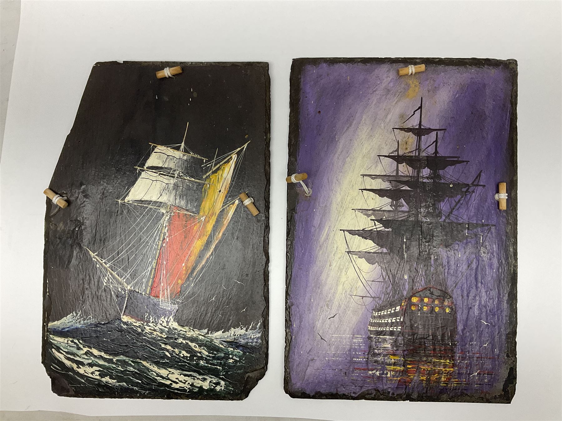 Michael J Whitehand (British 1941-): Three oil paintings of ships on slate signed, largest H40cm, L75cm