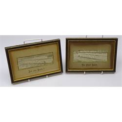  Are You Ready? & The Final Spurt, two 19th century Stevengraphs showing the start and finish of The Oxford and Cambridge boat race by Thomas Steven, both with orig. printed mounts & printed advertisements verso, framed, 15cm x 5cm   