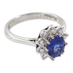 18ct white gold oval sapphire and round brilliant cut diamond cluster ring by Boodles, London 1981, sapphire approx 1.13 carat, total diamond weight 0.24 carat, with insurance certificate