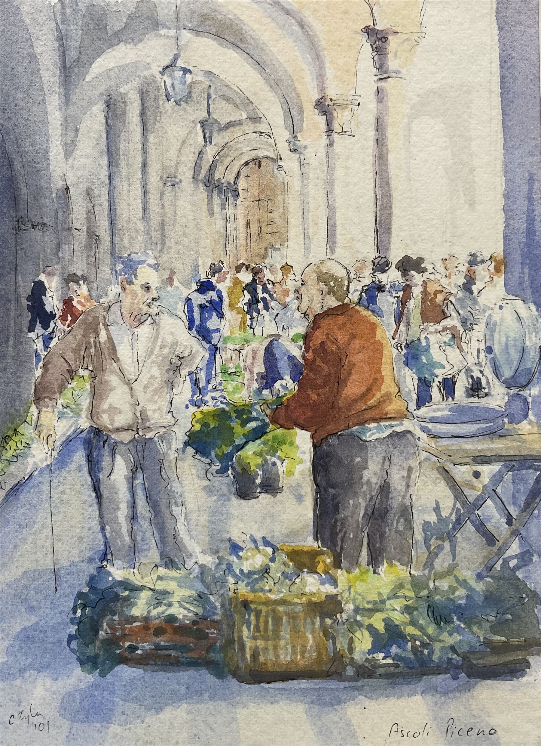 Catherine Tyler (British 1949-): 'Market Conversation - Ascoli Piceno', watercolour signed and dated '01, titled verso 19cm x 14cm 