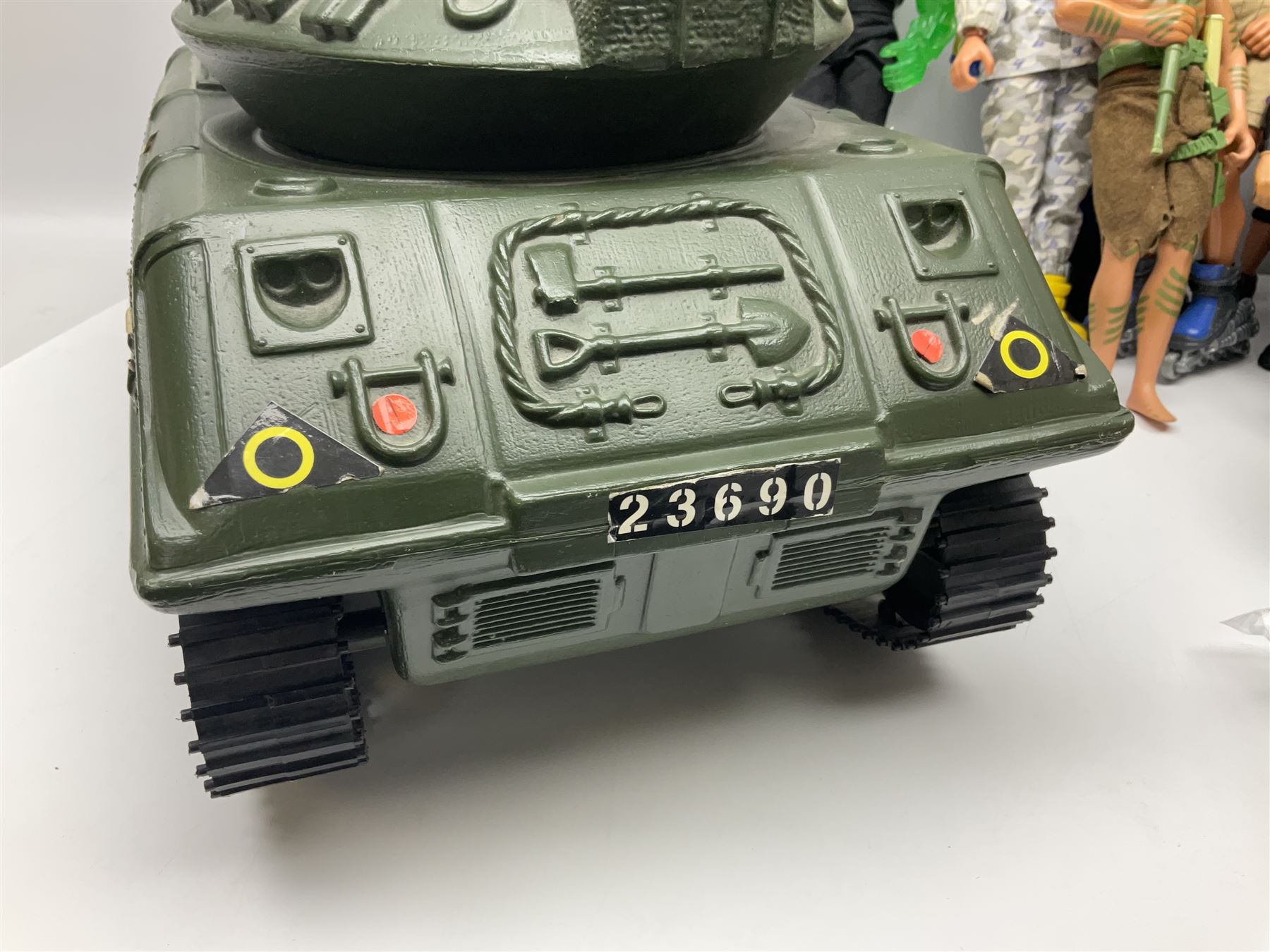 Action Man - Hasbro Strike Force Battle Tank by Sunny Smile; jeep; ten various period dressed figures; and quantity of weapons and other accessories including motorcycle etc