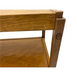 Acornman - adzed oak two tier stacking tea trolley, raised on square supports with shepherd castors, by Alan Grainger of Brandsby