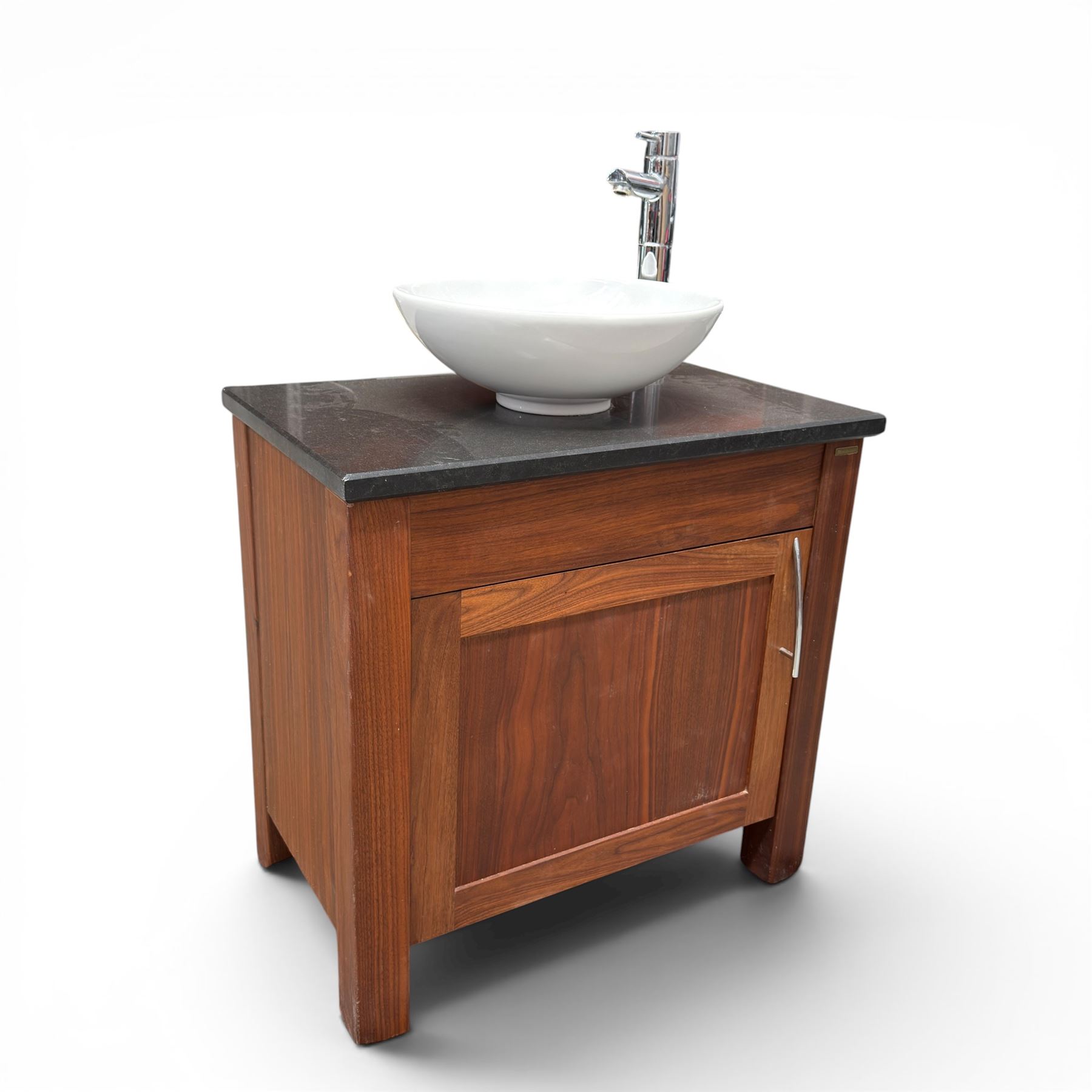 Stone Wood - freestanding wash basin, tap and cupboard with granite top in a dark oak finish