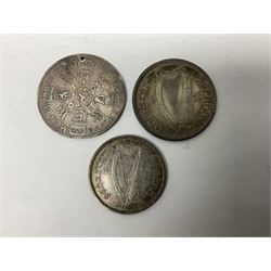 William and Mary 1693 halfcrown coin (holed), various Great British pre-1920 and pre-1947 silver threepence pieces, Ireland 1928 halfcrown and 1934 florin, Queen Elizabeth II 1994 fifty pence coins etc