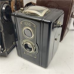 Franke & Heidecke Rolleicord twin lens camera, serial number 012706 with Heidoscop-Anastigmat f=7.5cm' lens and a 'Carl Zeiss Jena Triotar 1:4.5 f=7.5cm' lens, serial no 1474898, together with three similar cameras, including SEM TLR, serial no 420218, Ising Pucky box and Ferrania Elioflex, three in leather carry cases