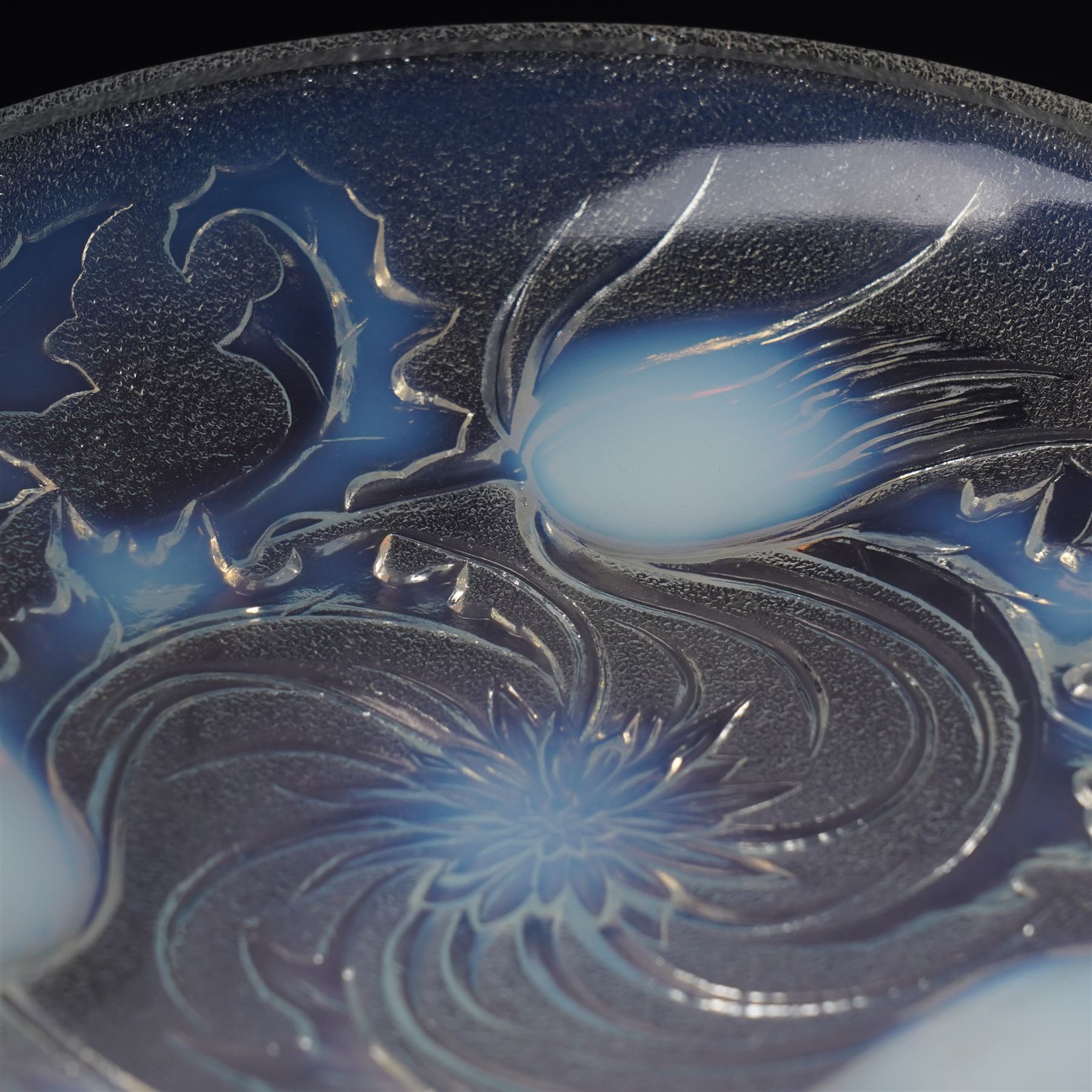 Etling opalescent glass bowl, with moulded thistles, marked 'Etling 214 France' to base, W23cm