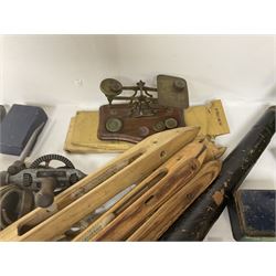 Brass telescope, together with various other collectables, to include mosley tie press, metal tins, oil cans etc 