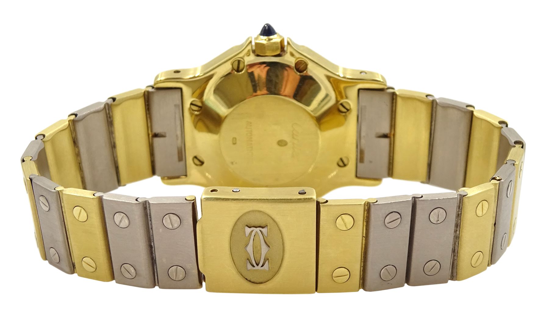 Cartier Santos ladies 18ct white and yellow gold automatic wristwatch, hexagonal case, white dial with date aperture and sapphire crown, on 18ct gold bracelet, hallmarked, with gold-over clasp, with red pouch