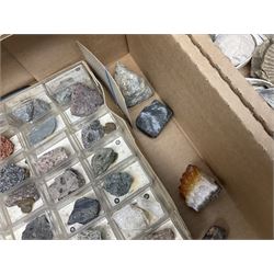 Natural history; Collection of rock and mineral specimens to include muscovite, sphalerite zinc blende, breccia, migmatite, fluorite etc, housed in a wood box, some named 