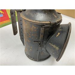 Black painted three colour railway lamp with revolving filters, H29cm; BR Acme Thunderer whistle; three railway peaked caps, two with BR Intercity 125 badge; small album of photographs of railway interest etc